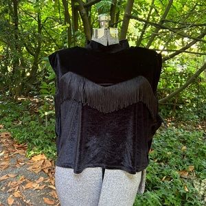 Plus-size black velvet mock neck top with fringe detail